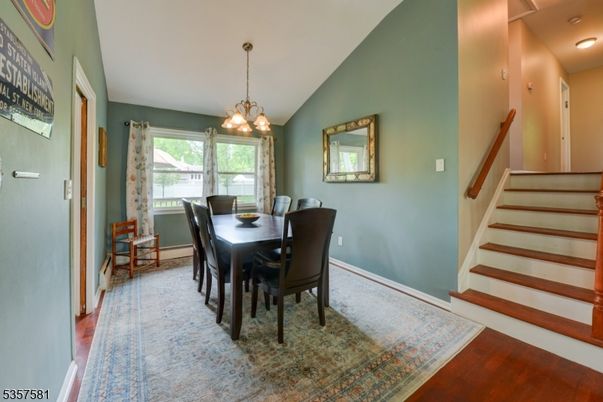 Dining room, Interior, Pendant Lights, Wood Texture Flooring