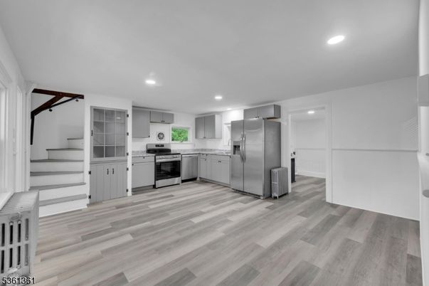 Interior, Kitchen, Recessed Lighting, Stainless Steel Appliances, Wood Texture Flooring