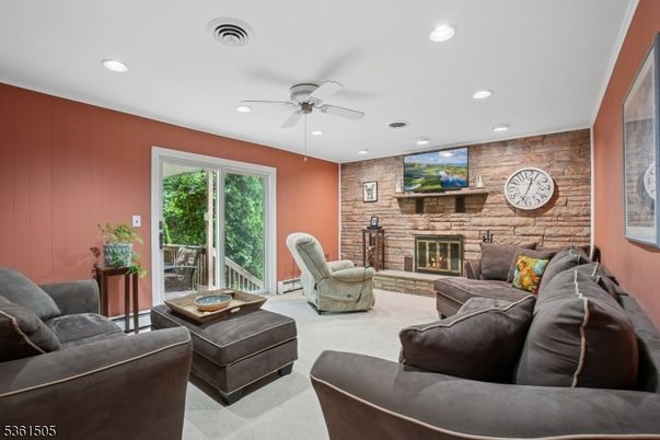 Fireplace, Interior, Living room, Recessed Lighting, Stone Walls