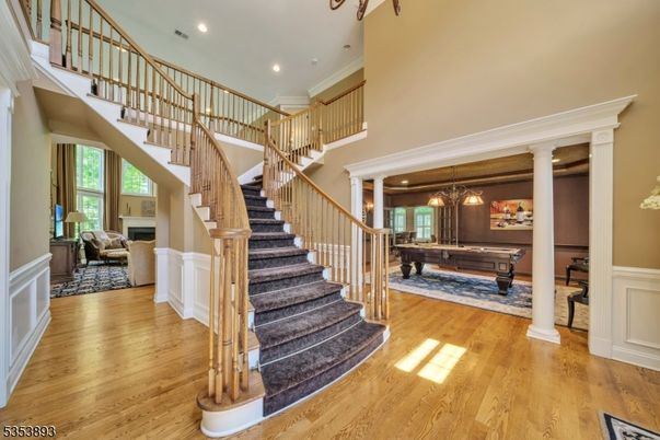 Billiard Table, Chandelier, Game Room, Interior, Pendant Lights, Recessed Lighting, Wood Texture Flooring