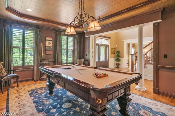 Billiard Table, Chandelier, Game Room, Interior, Recessed Lighting, Wood Texture Flooring