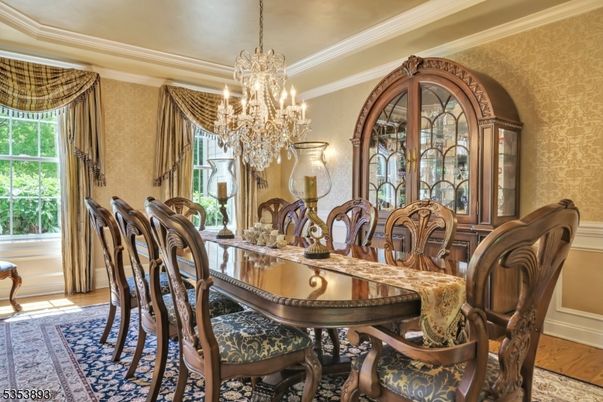 Chandelier, Dining room, Interior, Wood Texture Flooring