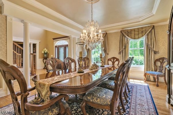Chandelier, Dining room, Interior, Wood Texture Flooring