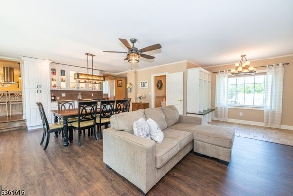 Chandelier, Dining room, Interior, Kitchen, Living room, Pendant Lights, Wood Texture Flooring