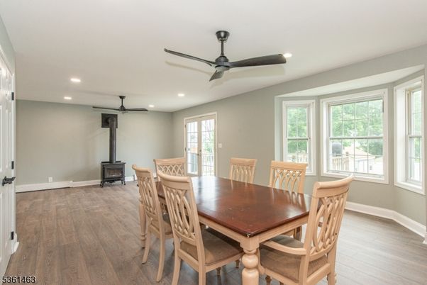 Dining room, Fireplace, Interior, Recessed Lighting, Wood Texture Flooring