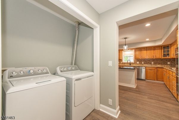 Interior, Kitchen, Pendant Lights, Recessed Lighting, Washer, Wood Texture Flooring