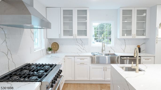 Interior, Kitchen, Marble Walls, Stainless Steel Appliances, Wood Texture Flooring