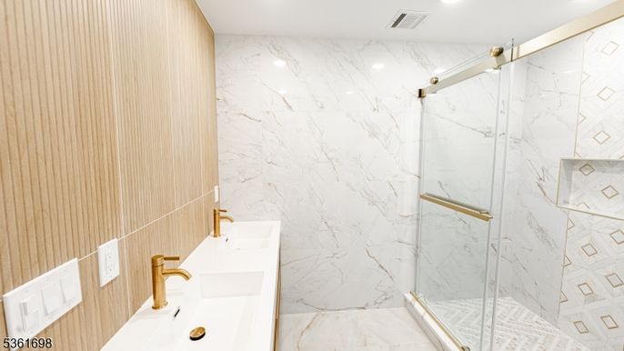 Bathroom, Glass Shower, Interior, Marble, Marble Walls, Recessed Lighting
