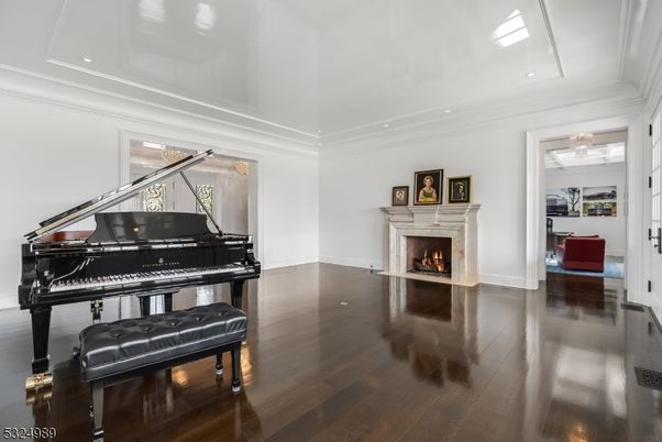 Fireplace, Interior, Piano, Recessed Lighting, Wood Texture Flooring