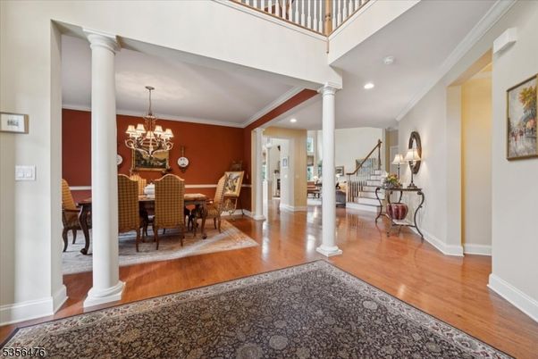 Chandelier, Dining room, Interior, Recessed Lighting, Wood Texture Flooring