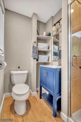 Bathroom, Glass Shower, Interior, Wood Texture Flooring