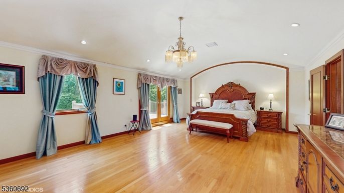 Bedroom, Chandelier, Interior, Pendant Lights, Recessed Lighting, Wood Texture Flooring