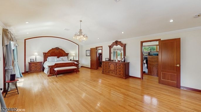 Bedroom, Chandelier, Interior, Recessed Lighting, Wood Texture Flooring