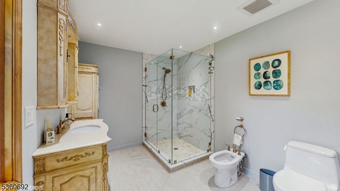 Bathroom, Glass Shower, Interior, Marble Walls, Recessed Lighting