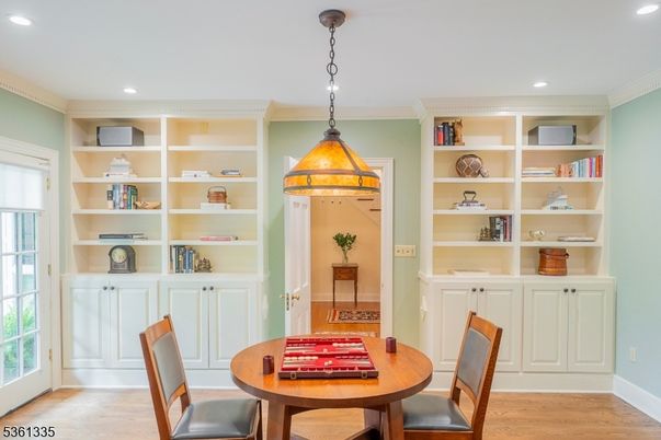 Dining room, Interior, Pendant Lights, Recessed Lighting, Wood Texture Flooring