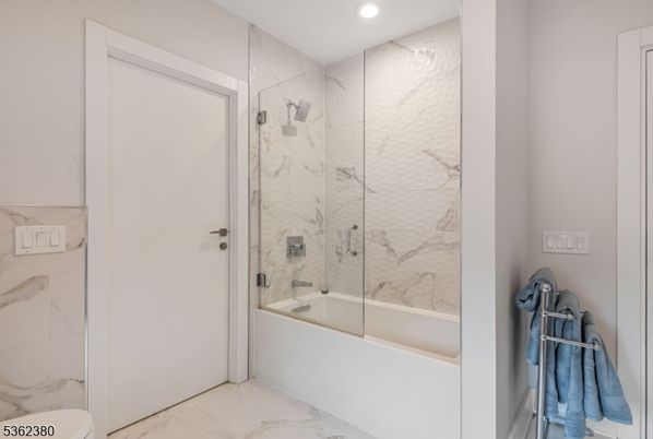 Bathroom, Glass Shower, Interior, Marble, Marble Walls, Recessed Lighting