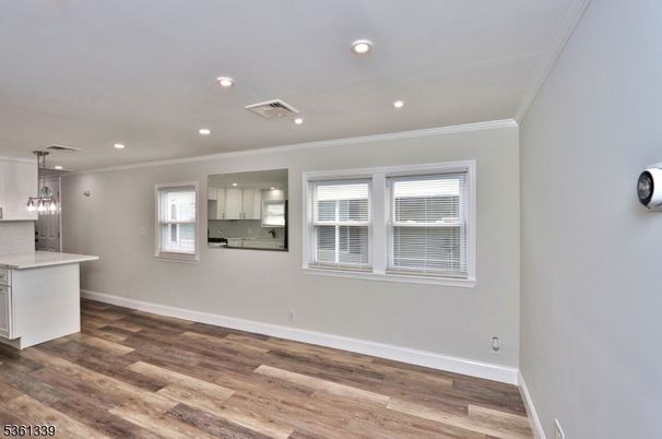 Empty room, Interior, Kitchen, Pendant Lights, Recessed Lighting, Wood Texture Flooring
