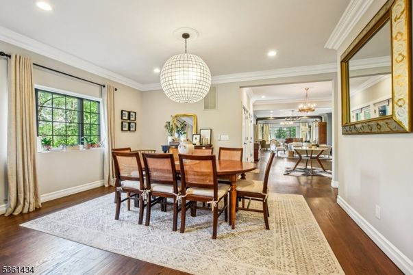 Chandelier, Dining room, Interior, Recessed Lighting, Wood Texture Flooring