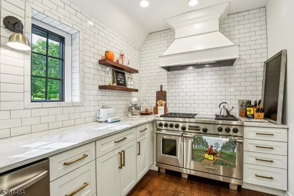 Interior, Kitchen, Recessed Lighting, Stainless Steel Appliances, Stone Walls, Wood Texture Flooring