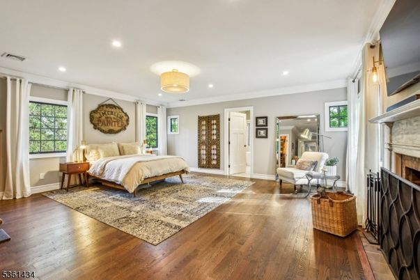 Bedroom, Fireplace, Interior, Recessed Lighting, Wood Texture Flooring