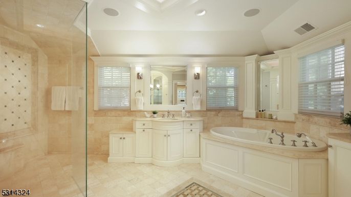 Bathroom, Dual Sink Vanities, Glass Shower, Interior, Recessed Lighting
