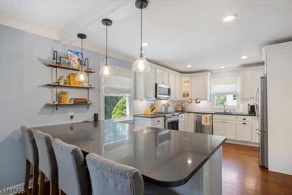 Interior, Kitchen, Pendant Lights, Recessed Lighting, Stainless Steel Appliances, Wood Texture Flooring