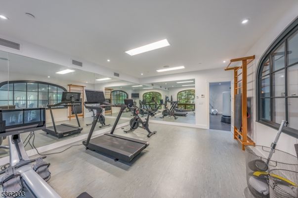 Fitness Equipment, Gym, Interior, Recessed Lighting, Wood Texture Flooring