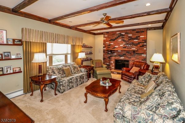 Fireplace, Interior, Living room, Recessed Lighting, Stone Walls, Wooden Beams