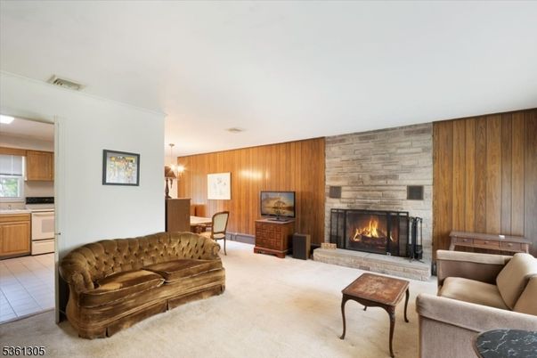 Dining room, Fireplace, Interior, Kitchen, Living room, Pendant Lights, Stone Walls, Wooden Walls