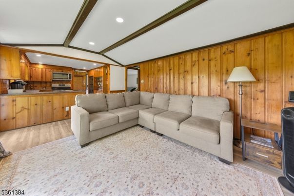 Interior, Kitchen, Living room, Recessed Lighting, Stainless Steel Appliances, Wood Texture Flooring, Wooden Walls