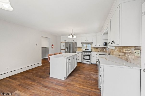 Chandelier, Interior, Kitchen, Stainless Steel Appliances, Wood Texture Flooring