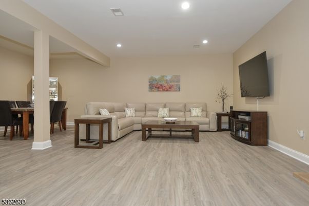 Dining room, Interior, Living room, Recessed Lighting, Wood Texture Flooring