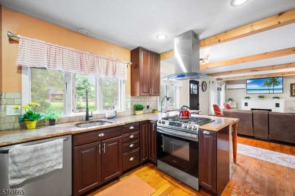 Interior, Kitchen, Recessed Lighting, Stainless Steel Appliances, Wooden Beams, Wood Texture Flooring