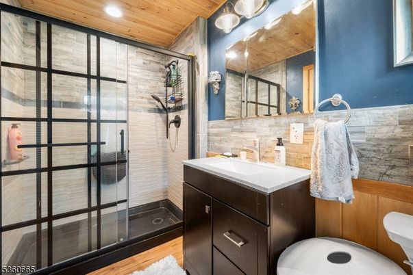 Bathroom, Glass Shower, Interior, Recessed Lighting, Wooden Ceilings, Wooden Walls