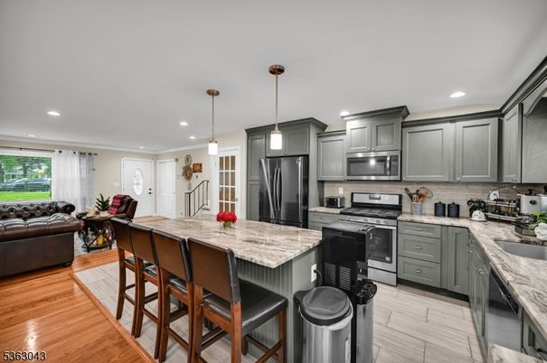 Interior, Kitchen, Living room, Pendant Lights, Recessed Lighting, Stainless Steel Appliances, Wood Texture Flooring