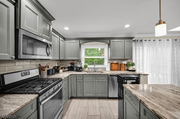Interior, Kitchen, Pendant Lights, Recessed Lighting, Stainless Steel Appliances, Wood Texture Flooring