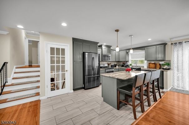 Interior, Kitchen, Pendant Lights, Recessed Lighting, Stainless Steel Appliances, Wood Texture Flooring