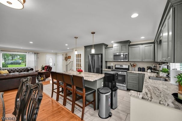 Interior, Kitchen, Living room, Pendant Lights, Recessed Lighting, Stainless Steel Appliances, Wood Texture Flooring