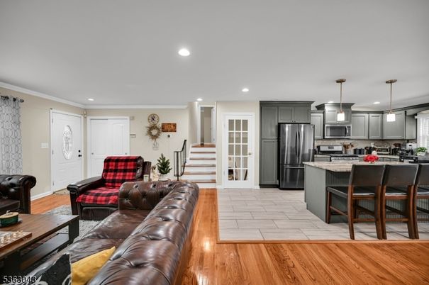 Interior, Kitchen, Living room, Pendant Lights, Recessed Lighting, Stainless Steel Appliances, Wood Texture Flooring