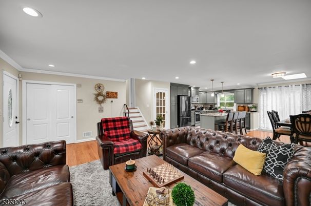 Dining room, Interior, Kitchen, Living room, Pendant Lights, Recessed Lighting, Stainless Steel Appliances, Wood Texture Flooring