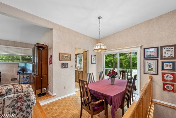 Dining room, Interior, Pendant Lights, Wood Texture Flooring