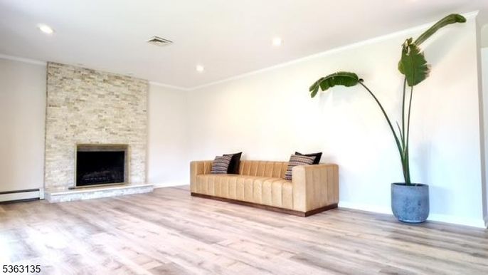 Fireplace, Interior, Recessed Lighting, Stone Walls, Wood Texture Flooring