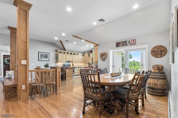 Dining room, Interior, Kitchen, Recessed Lighting, Wood Texture Flooring