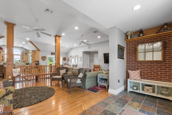 Interior, Living room, Recessed Lighting, Stone Walls, Wood Texture Flooring