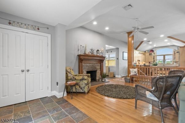 Fireplace, Interior, Recessed Lighting, Wood Texture Flooring