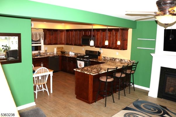 Fireplace, Interior, Kitchen, Pendant Lights, Wood Texture Flooring
