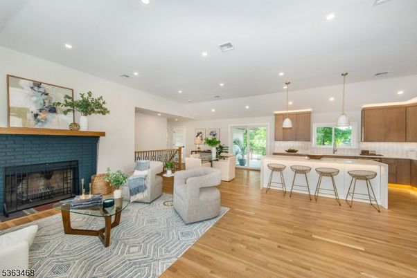 Fireplace, Interior, Kitchen, Living room, Pendant Lights, Recessed Lighting, Wood Texture Flooring