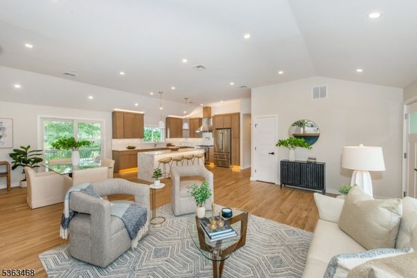 Interior, Kitchen, Living room, Pendant Lights, Recessed Lighting, Stainless Steel Appliances, Wood Texture Flooring