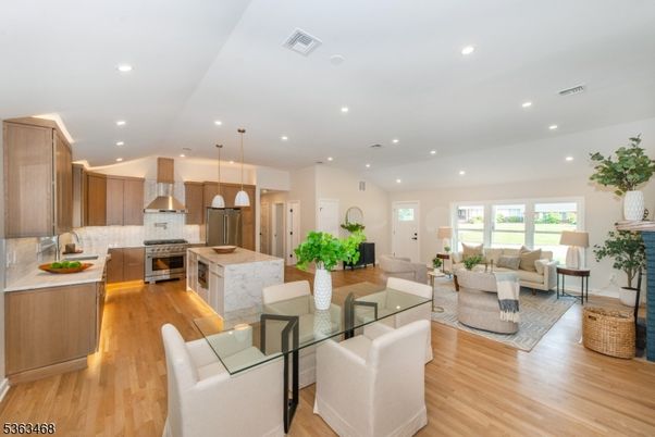 Interior, Kitchen, Living room, Pendant Lights, Recessed Lighting, Stainless Steel Appliances, Wood Texture Flooring