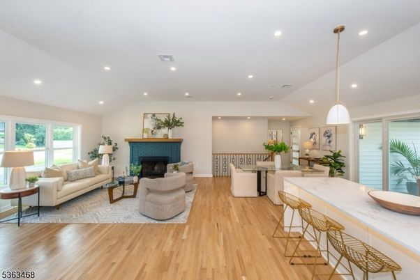 Fireplace, Interior, Living room, Pendant Lights, Recessed Lighting, Wood Texture Flooring